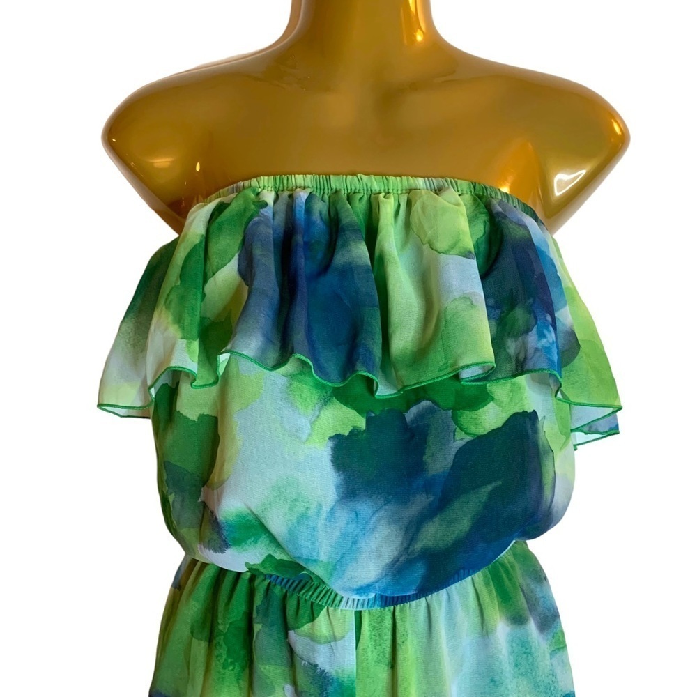 Strapless 1 piece ruffle top romper watercolor fabric design blue green S